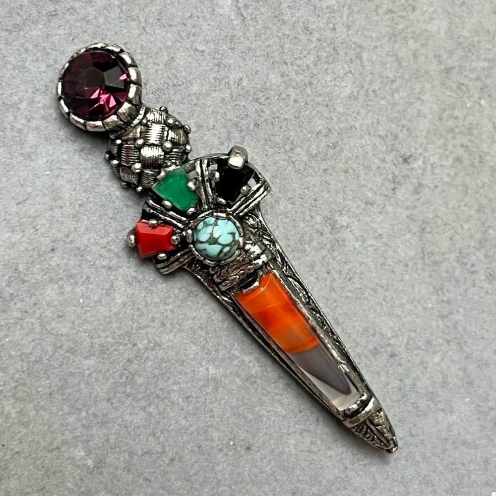 Vintage Multistone Dagger Brooch Silver Tone Fantasy Boho Athame Pin VTG costume